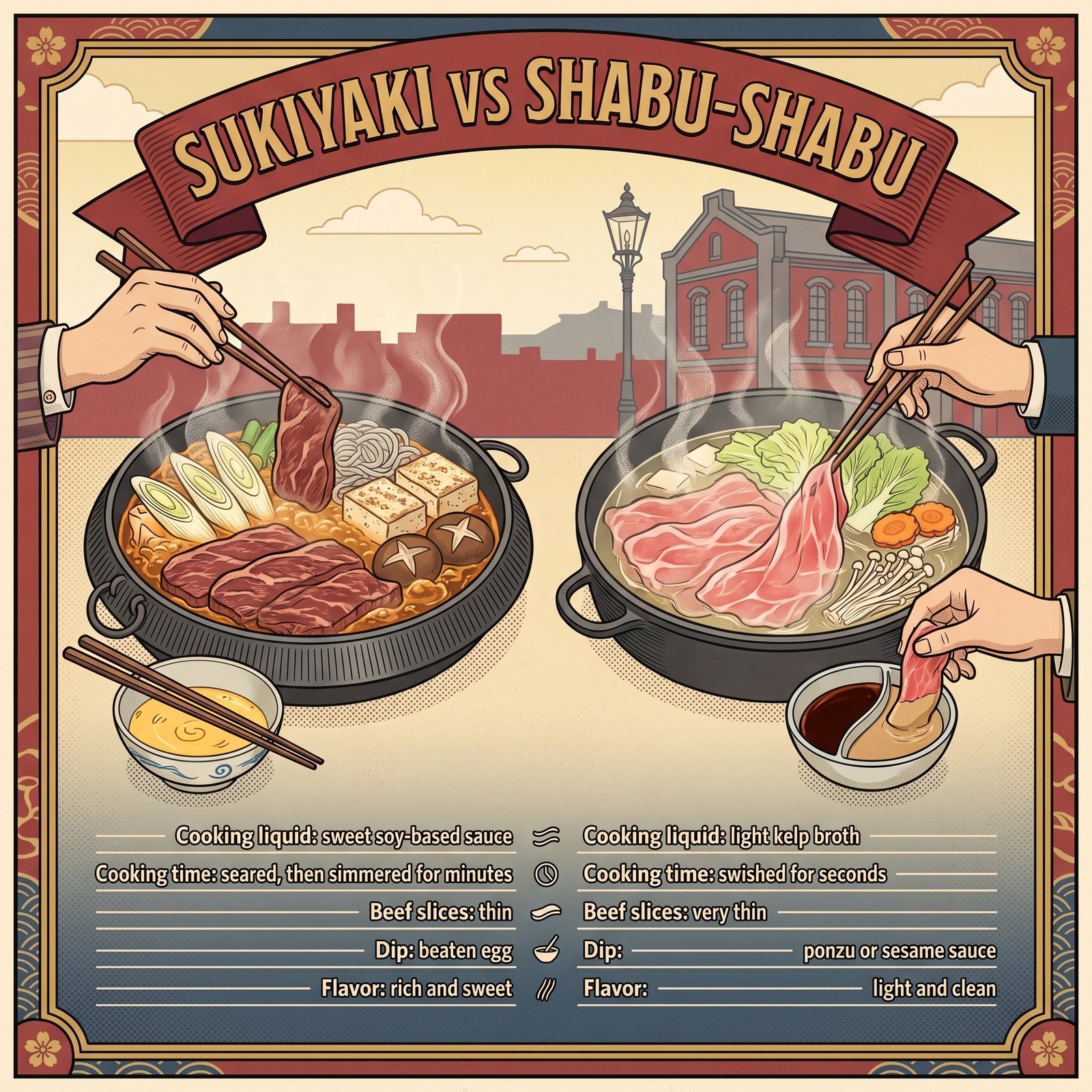 Poster im Meiji-Stil, das Sukiyaki und Shabu-Shabu nach Garflüssigkeit, Zeit, Rindfleischscheiben, Dip und Geschmack vergleicht
