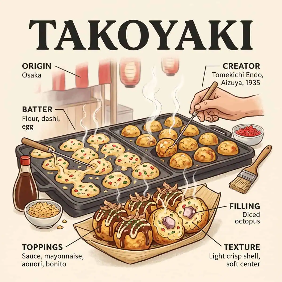 Takoyaki-Fakten, dargestellt auf einer traditionellen Eisenplatte