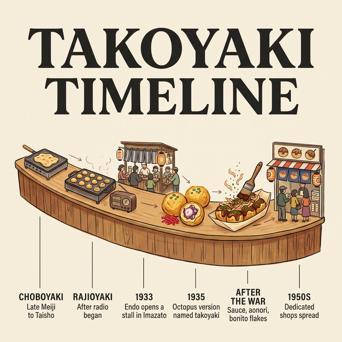 Zeitleiste von Takoyaki, von Choboyaki bis zu eigenen Läden