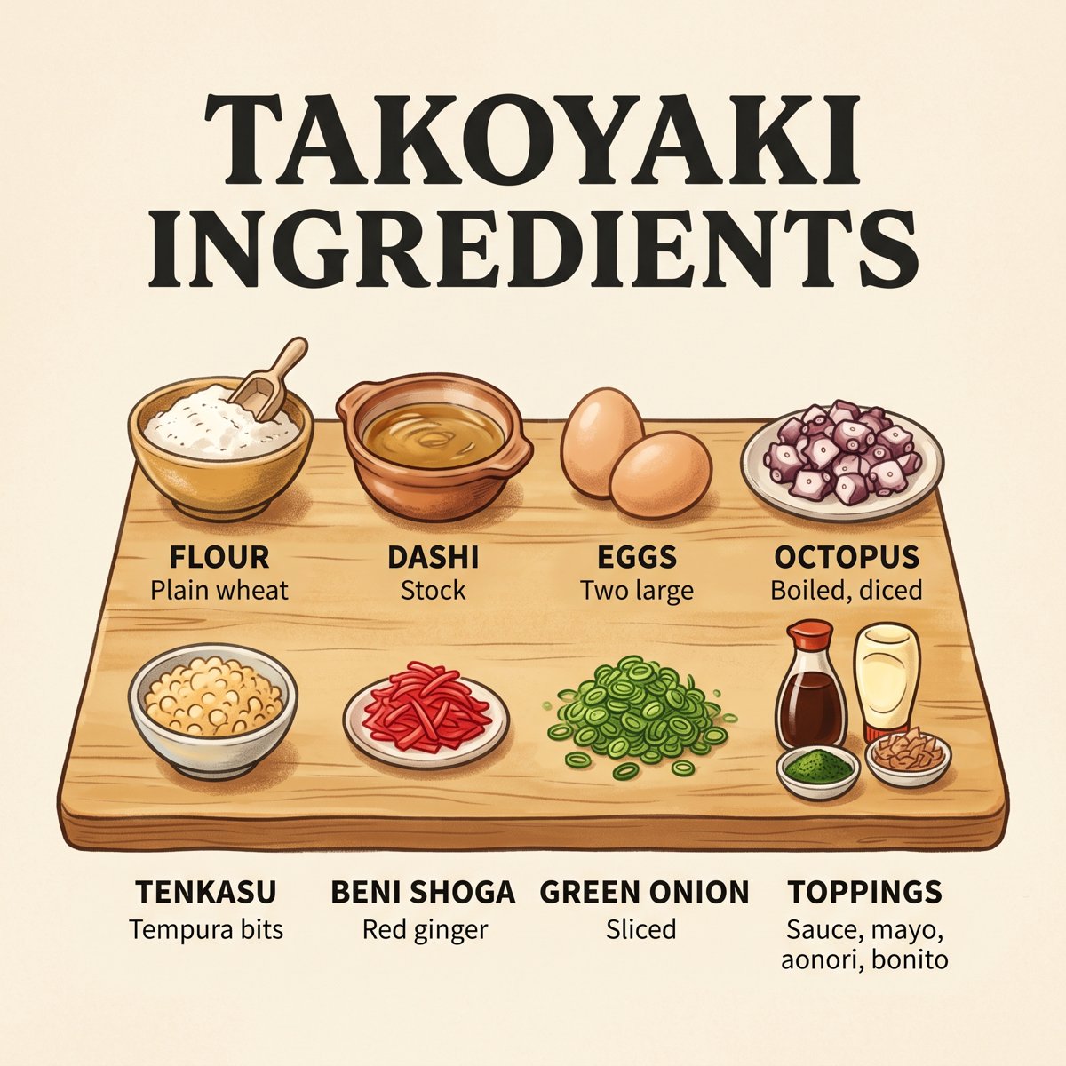 Zutaten für Takoyaki auf einem Holzbrett angerichtet