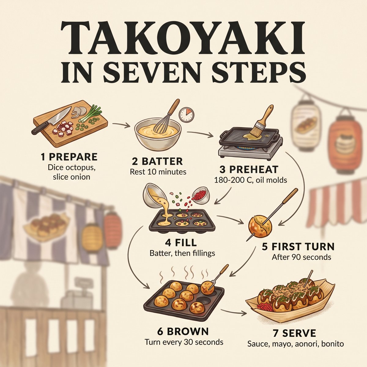 Sieben Schritte zum Takoyaki-Machen zu Hause