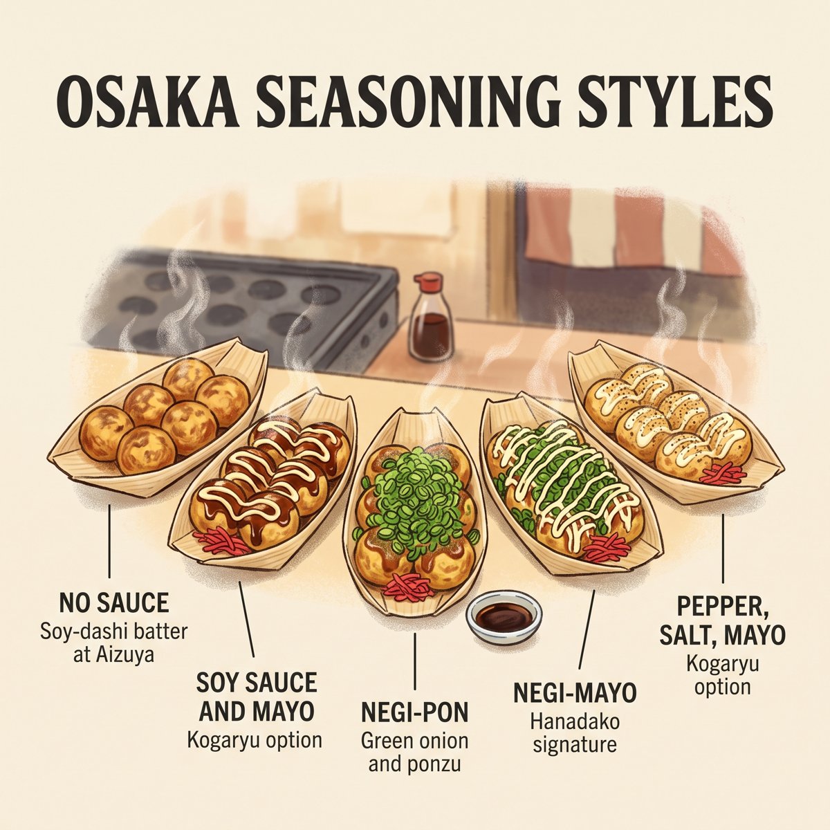 Fünf Würzstile für Takoyaki aus Osaka auf Bootsschalen