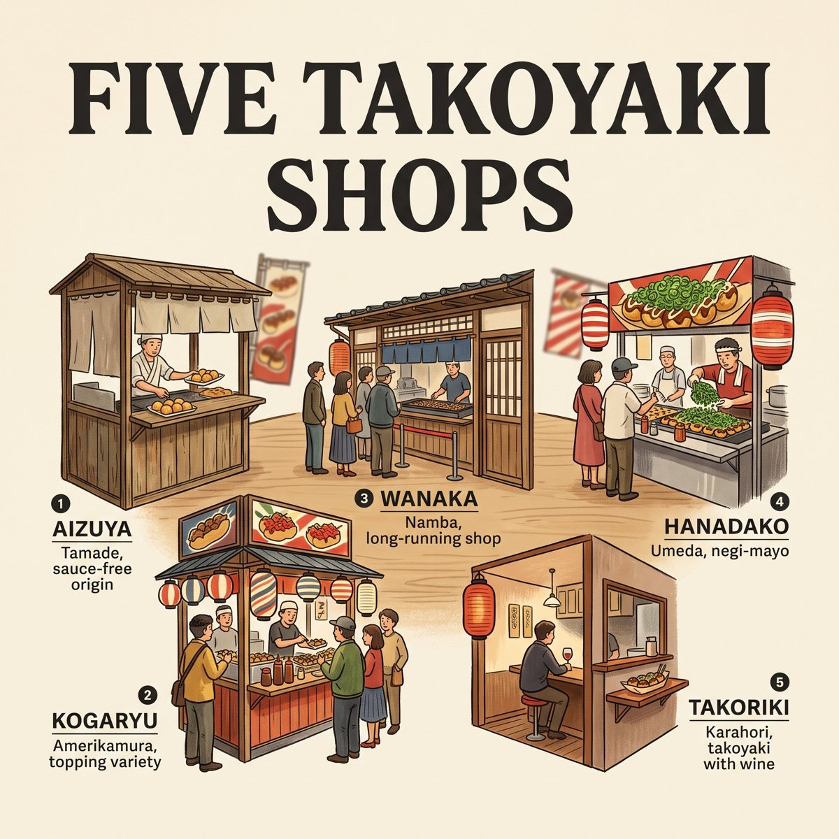 Fünf Takoyaki-Läden in Osaka, dargestellt als kleine Stände