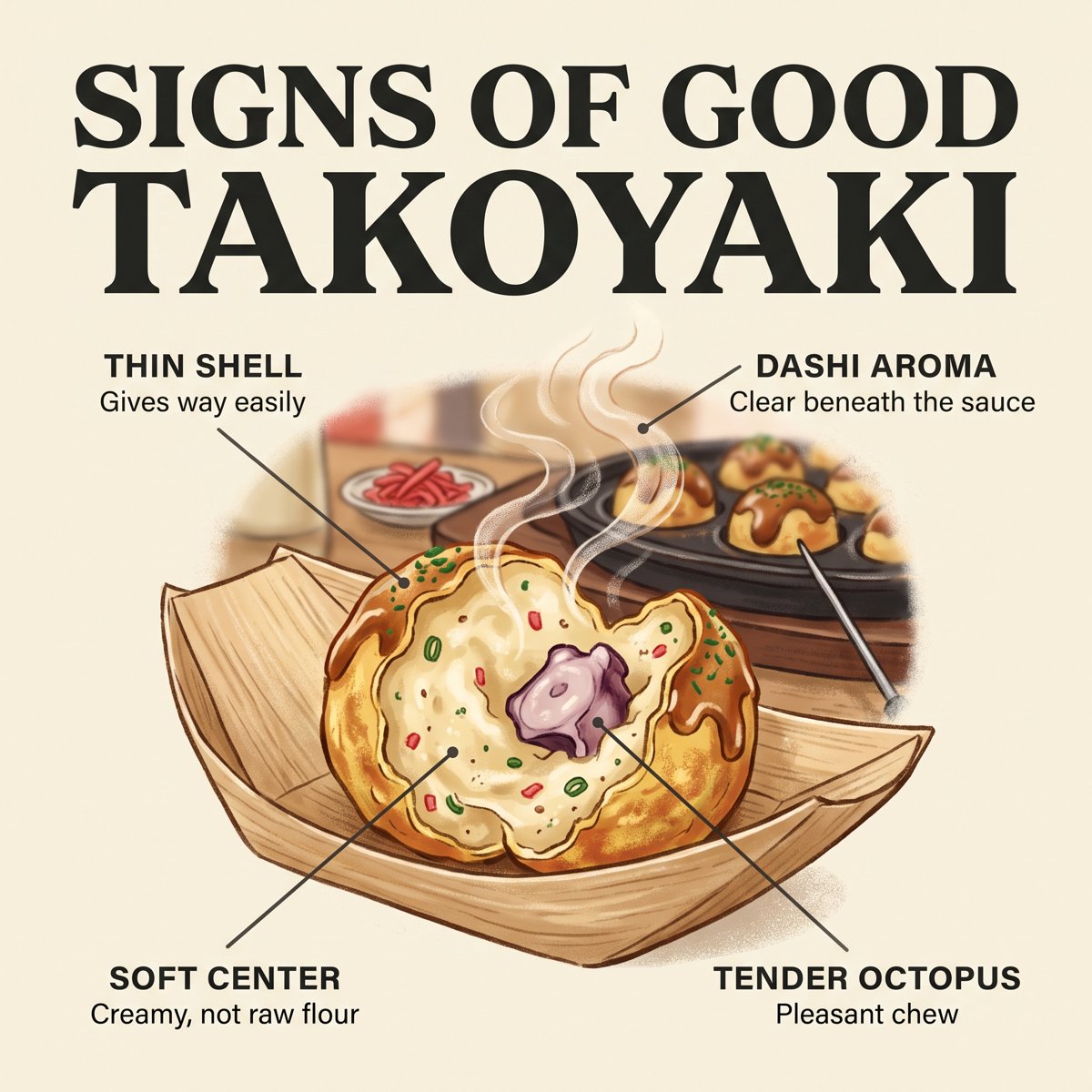 Merkmale guter Takoyaki: dünne Hülle, weicher Kern, Dashi-Aroma, zarter Oktopus