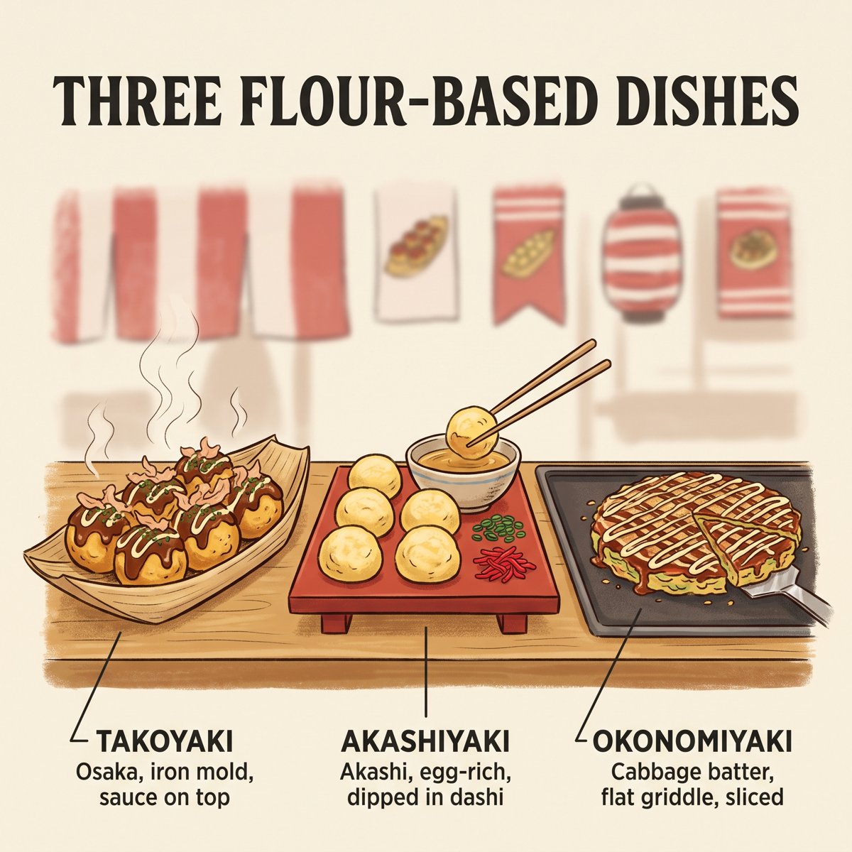 Takoyaki, Akashiyaki und Okonomiyaki im Vergleich