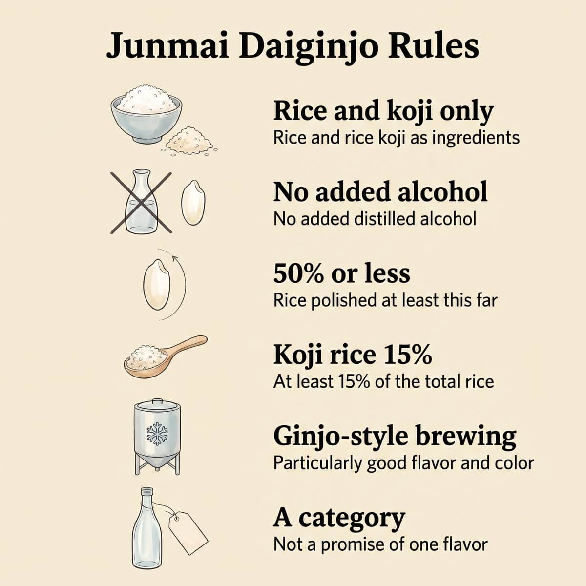 Lista ilustrada de las reglas del Junmai Daiginjo: solo arroz y koji, sin alcohol añadido, pulido del 50% o menos, arroz koji del 15% y elaboración al estilo ginjo