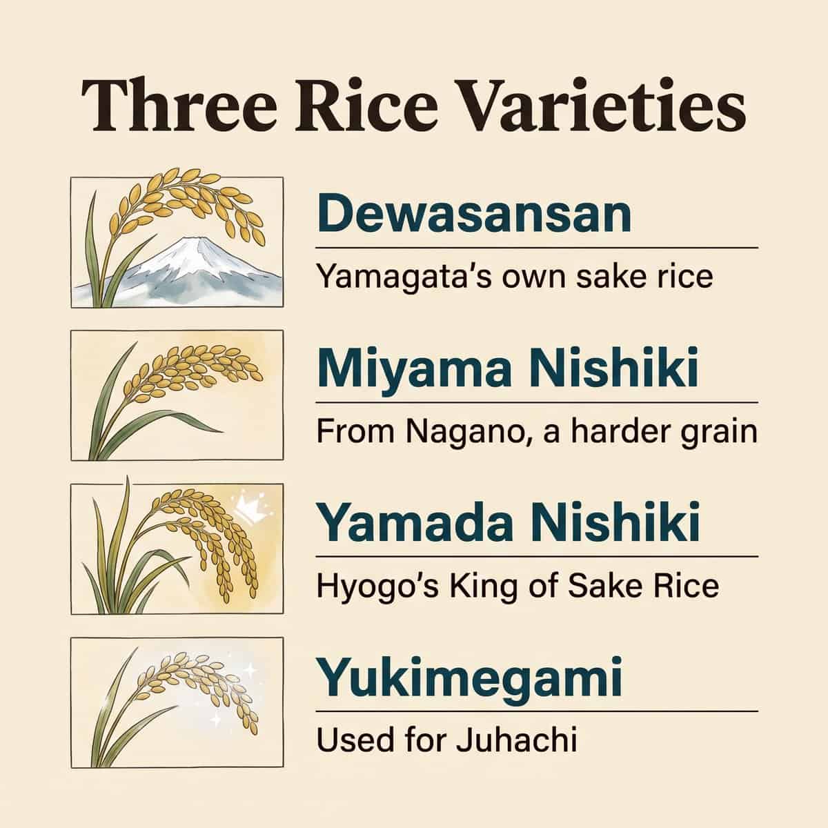 Ilustración de las variedades de arroz para sake Dewasansan, Miyama Nishiki, Yamada Nishiki y Yukimegami