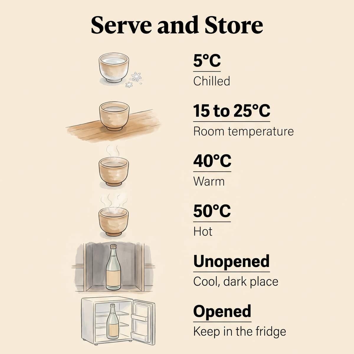 Guía ilustrada de las temperaturas de servicio, de 5 °C a 50 °C, y de la conservación del sake sin abrir y abierto