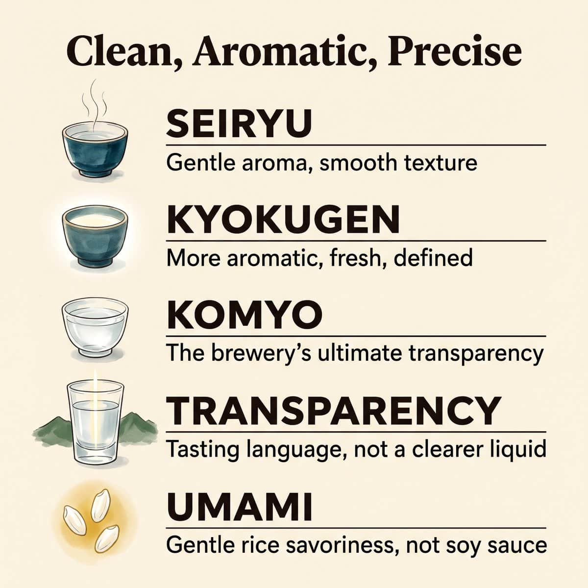 Lista ilustrada de notas de cata de Tatenokawa para Seiryu, Kyokugen y Komyo, con los términos transparencia y umami