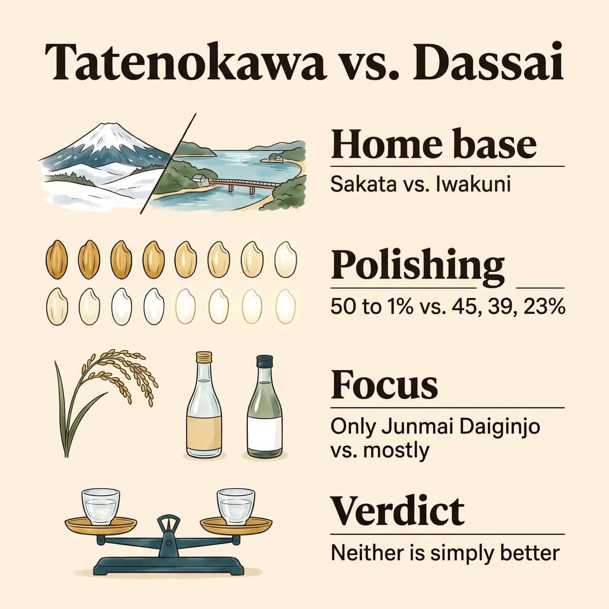 Comparación ilustrada de Tatenokawa y Dassai según el lugar de origen, el pulido, el enfoque y el veredicto
