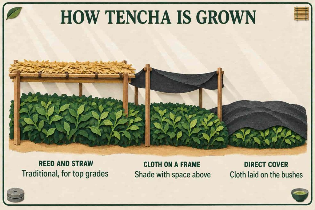 Illustrated guide to how tencha is grown under shade: traditional reed and straw covers, shade cloth on frames, and cloth laid directly on the bushes.