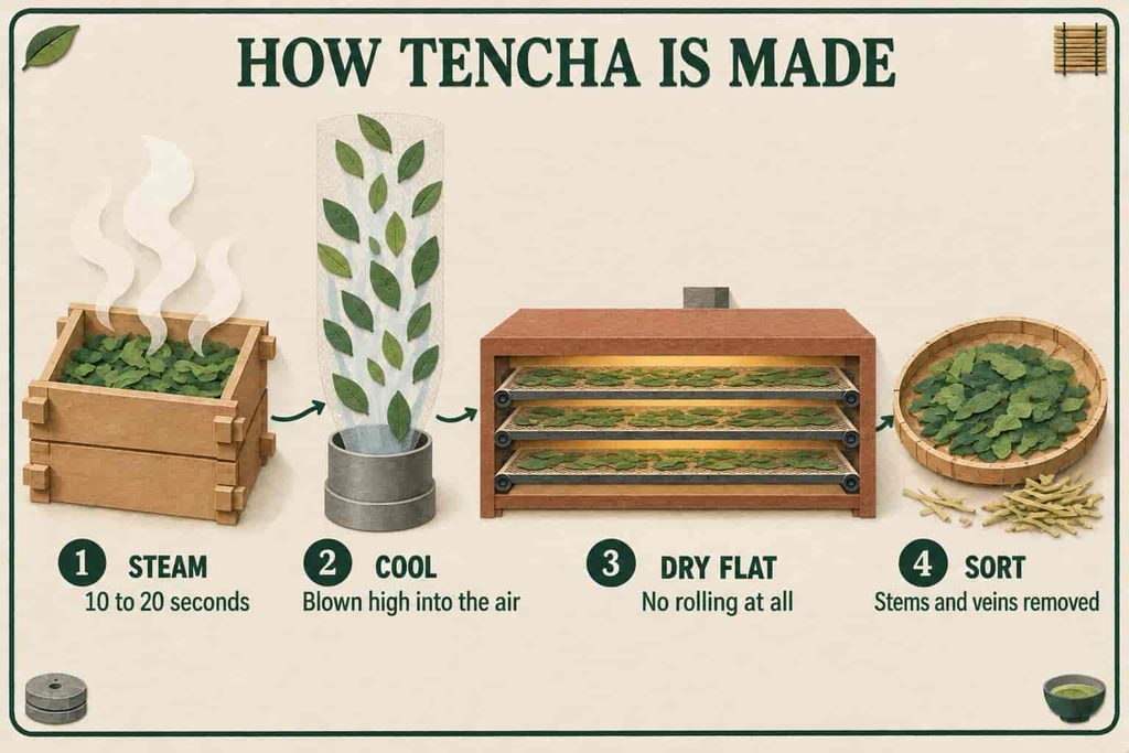 Illustrated guide to how tencha is made: steaming, tossing the leaves in the air to cool, drying flat in a long oven, and removing stems and veins.