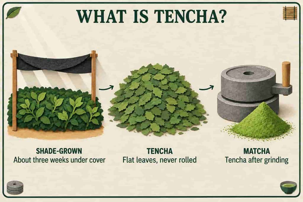 Illustrated guide to tencha, flat unrolled shade-grown tea leaves that are ground into matcha.