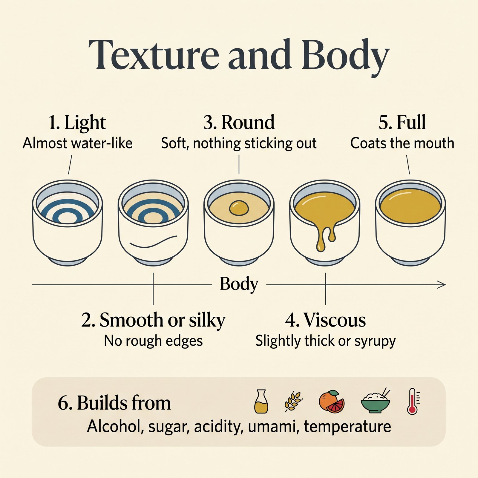 Illustration of sake texture and body from light to full, with smooth, round and viscous textures