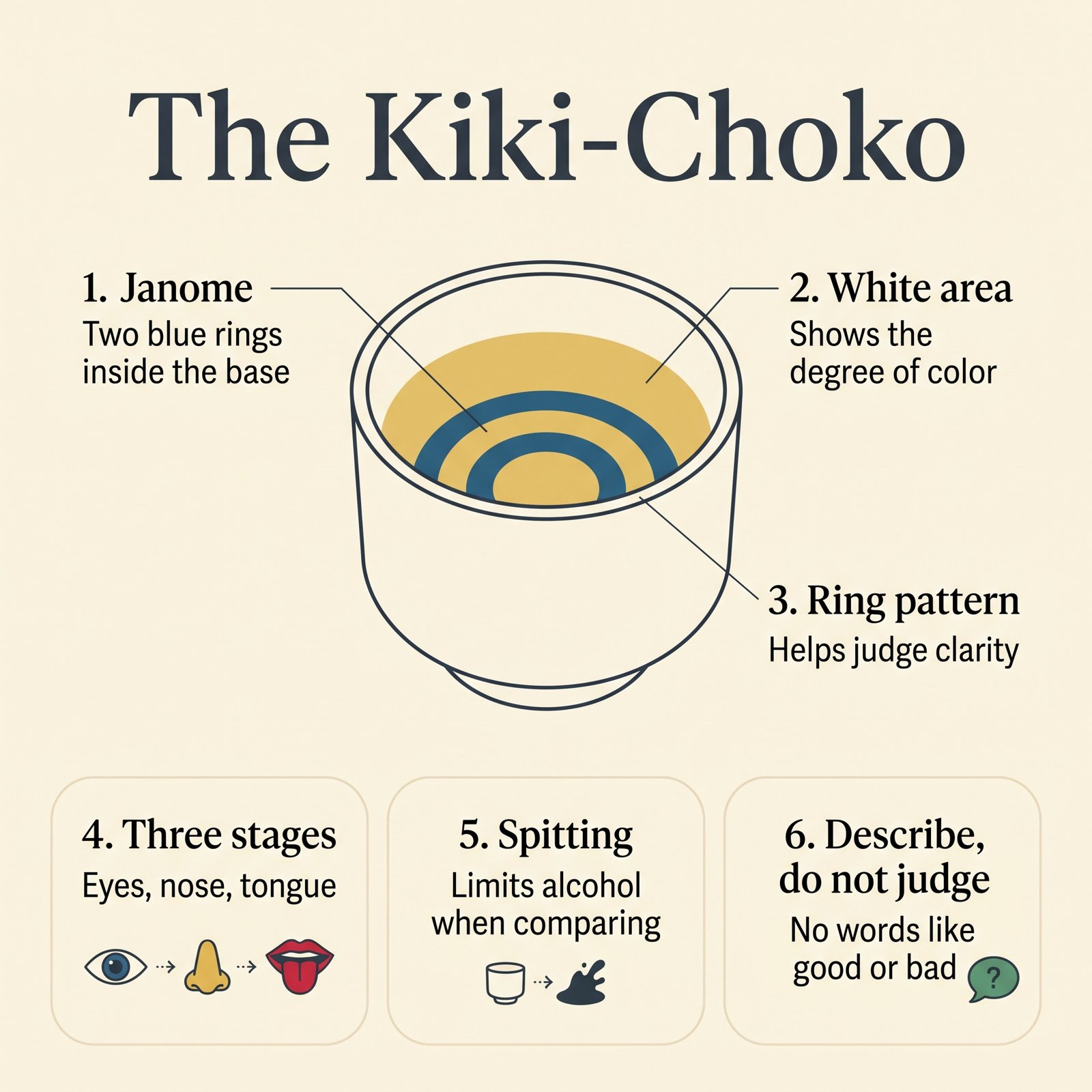 Illustration of the kiki-choko janome cup with its white area and rings, and the three stages of formal tasting