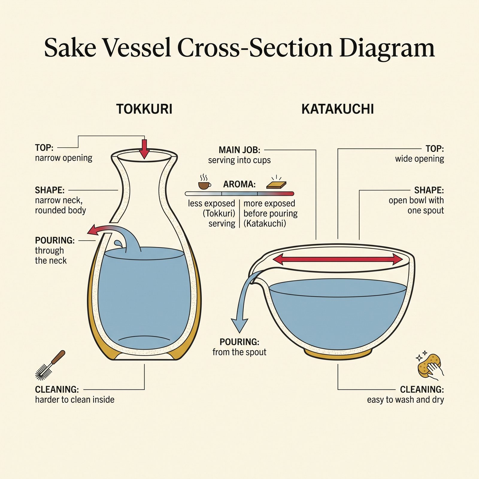 Illustrated comparison of a tokkuri and a katakuchi in cross-section