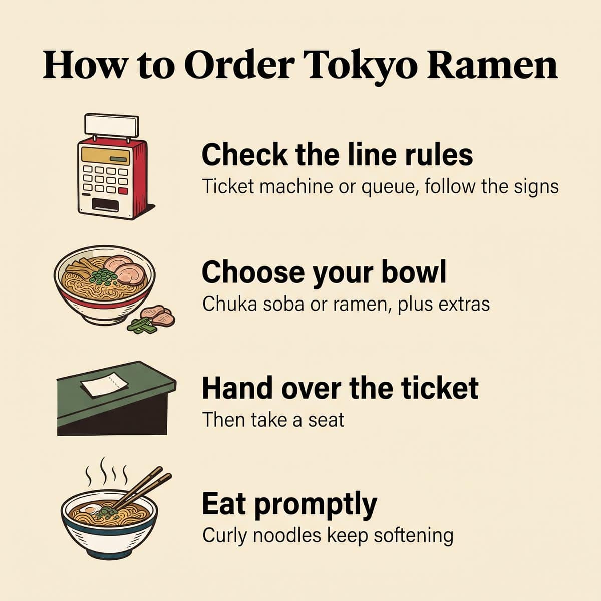 Hình minh họa bốn bước gọi ramen Tokyo: quy định xếp hàng, chọn bát, đưa phiếu và ăn ngay