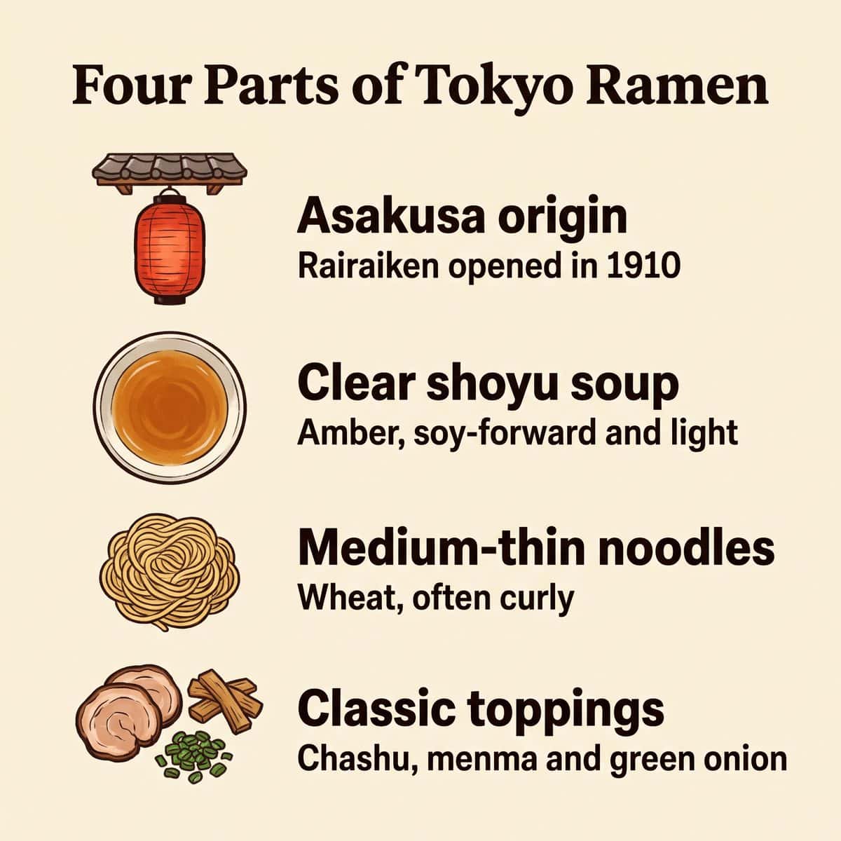 Hình minh họa bốn phần của ramen Tokyo: nguồn gốc ở Asakusa, nước dùng shoyu trong, mì sợi vừa mỏng và topping truyền thống