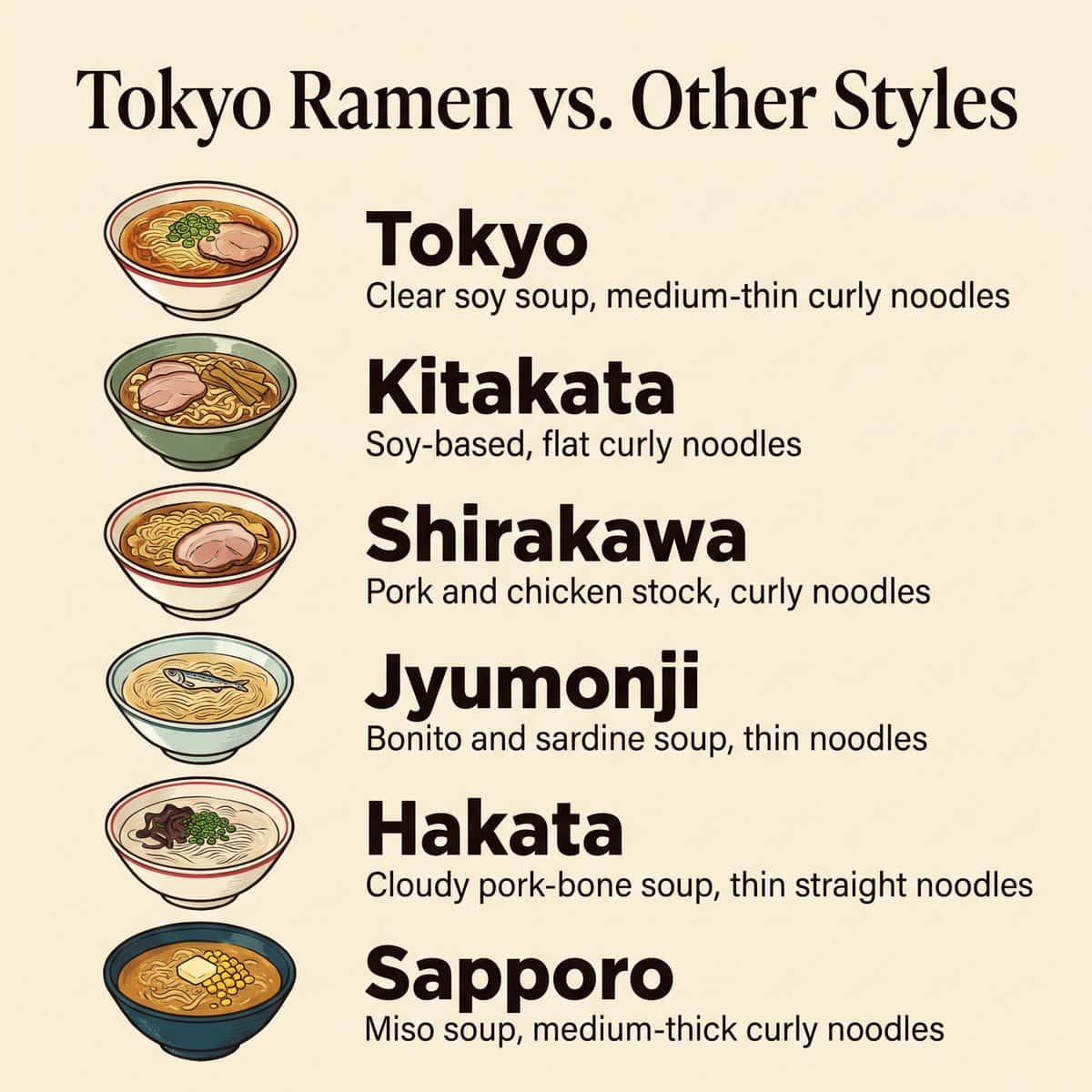 Hình minh họa so sánh ramen Tokyo với ramen Kitakata, Shirakawa, Jyumonji, Hakata và Sapporo