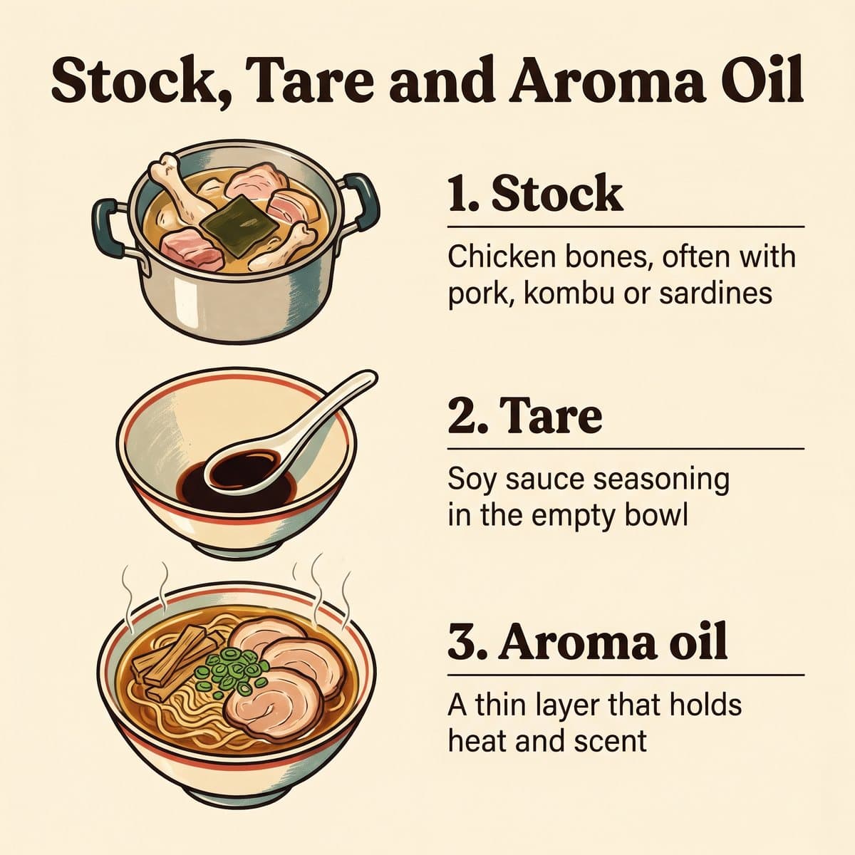 Hình minh họa ba phần của bát ramen: nước dùng, tare và dầu thơm