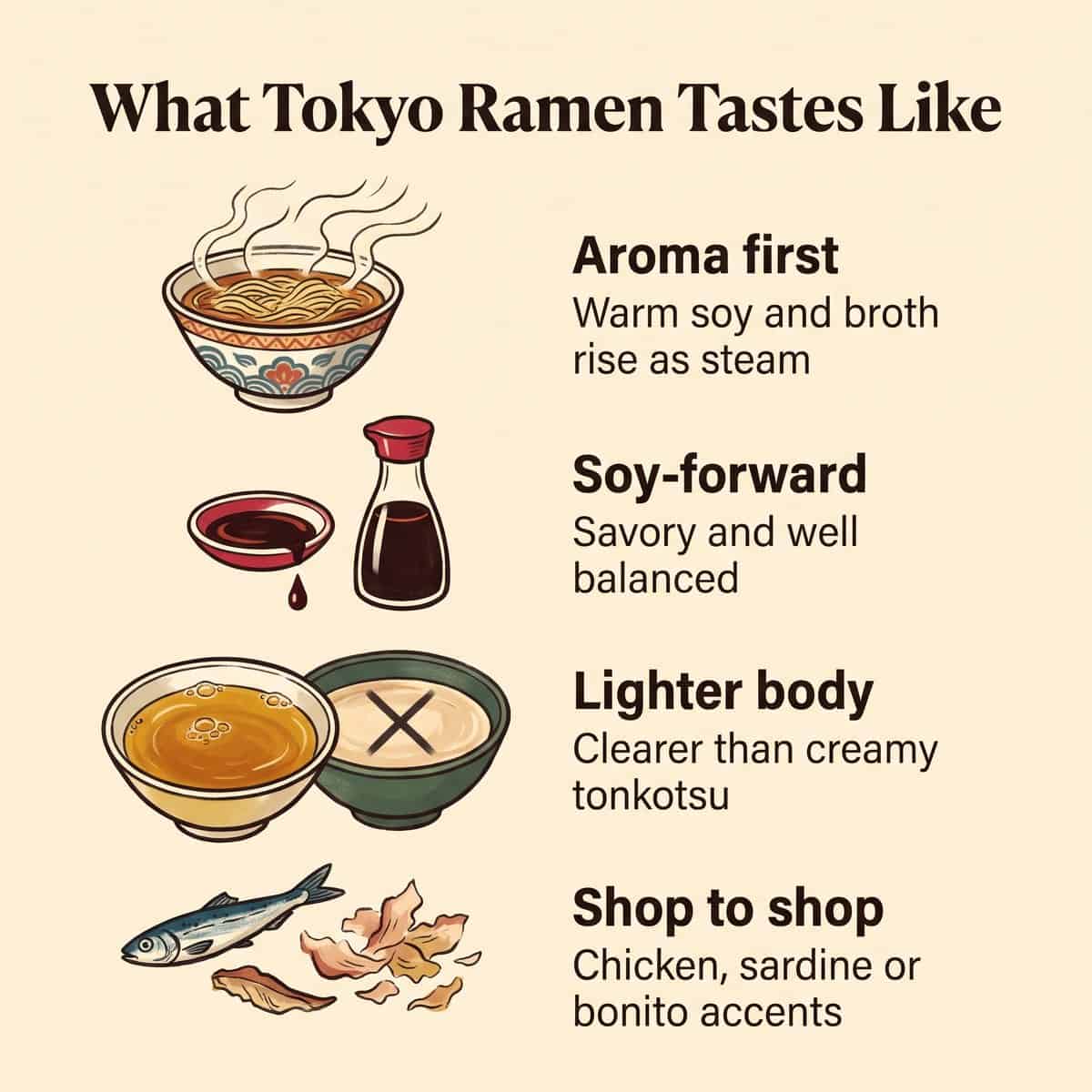 Hình minh họa vị của ramen Tokyo: hương thơm đến trước, vị nước tương rõ, thân nước dùng nhẹ hơn và khác biệt giữa các quán
