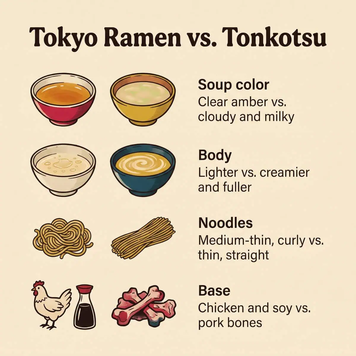 Hình minh họa so sánh ramen Tokyo và tonkotsu ramen theo màu nước dùng, độ sánh, sợi mì và cốt nước dùng