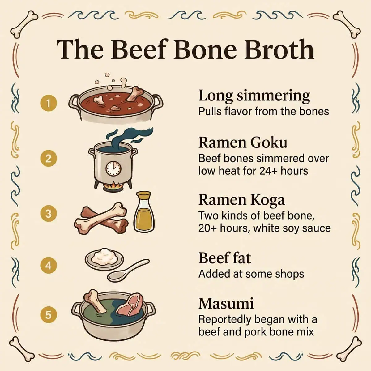 Cinco datos ilustrados sobre el caldo de huesos de res: cocción larga, Ramen Goku, Ramen Koga, grasa de res y la mezcla de Masumi