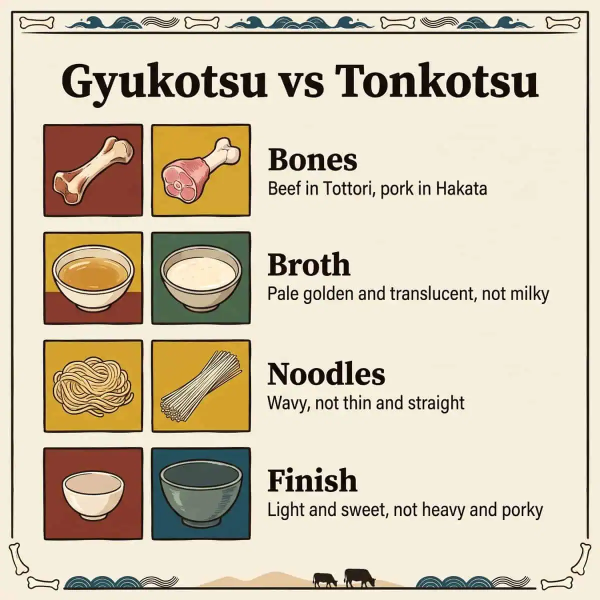 Comparación ilustrada del ramen gyukotsu y el tonkotsu: huesos, caldo, fideos y final