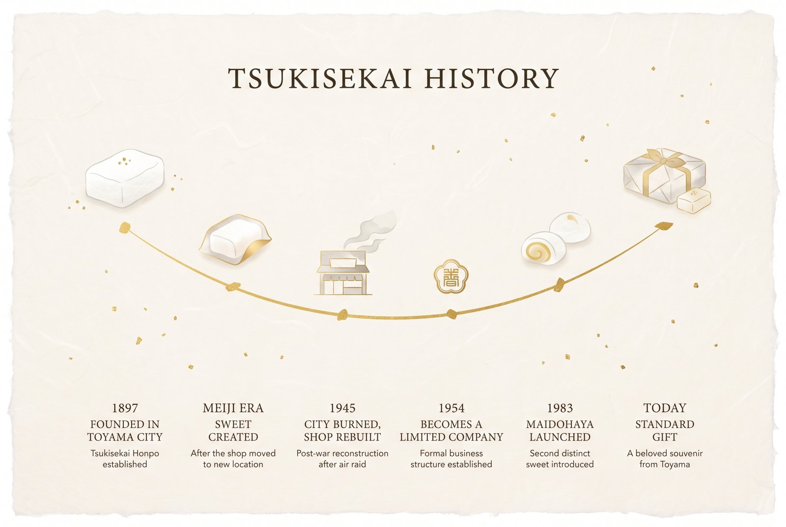 Illustrated timeline of Tsukisekai history from 1897 to today
