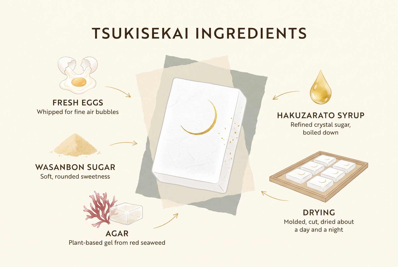 Illustrated guide to Tsukisekai ingredients: fresh eggs, wasanbon sugar, agar, hakuzarato syrup and drying