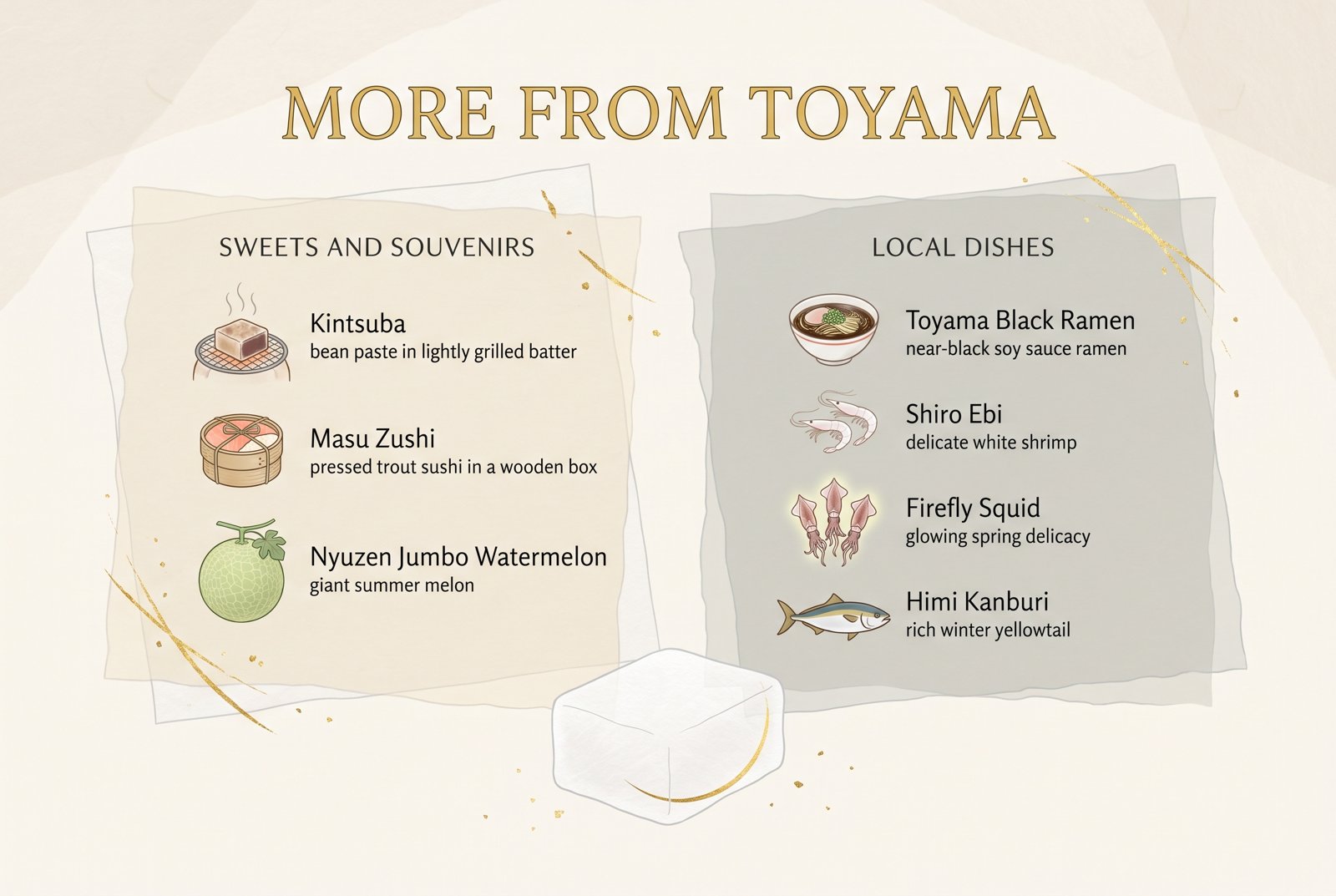 Illustrated guide to other Toyama sweets, souvenirs and local dishes