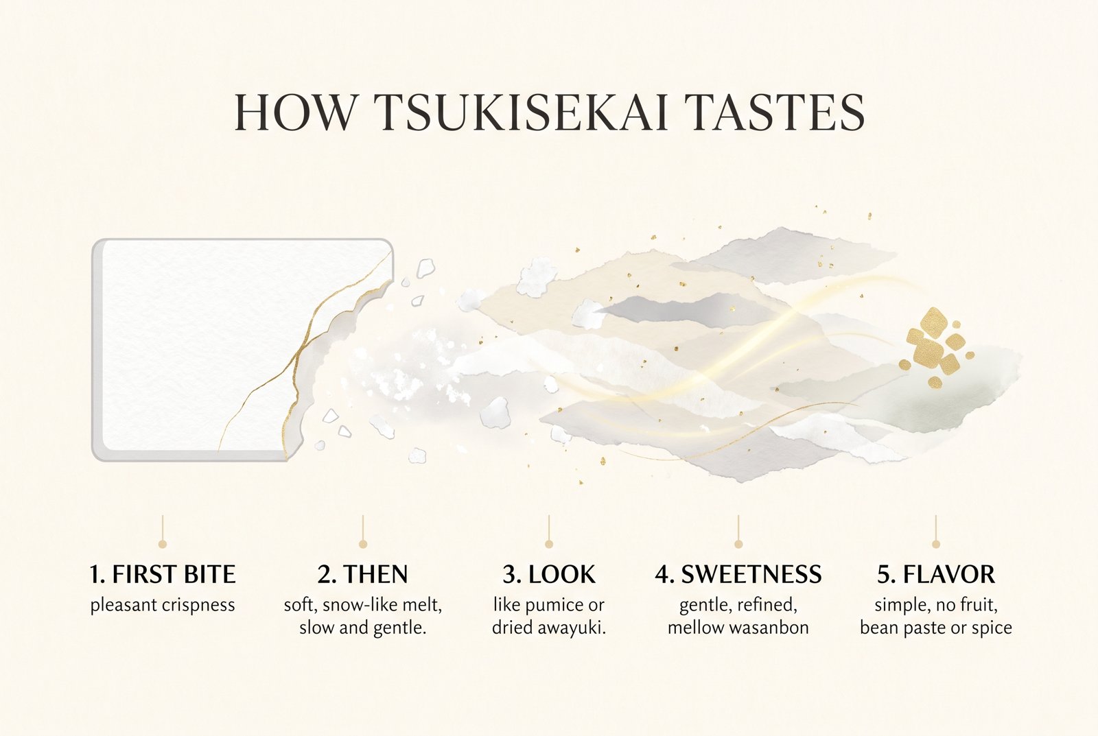 Illustrated sequence of how Tsukisekai tastes: crisp first bite, slow snow-like melt, gentle wasanbon sweetness and a simple flavor