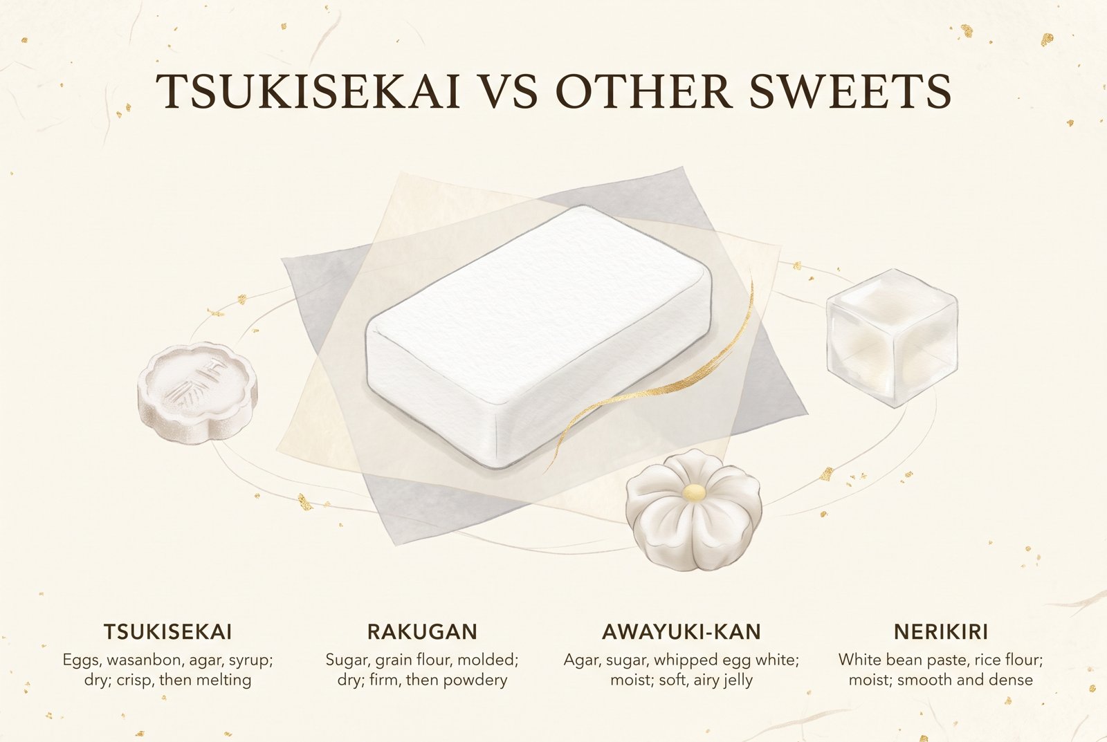 Illustrated comparison of Tsukisekai, rakugan, awayuki-kan and nerikiri
