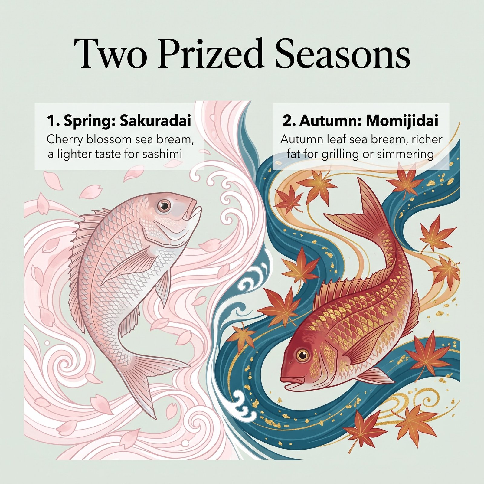 Illustration of the two prized seasons for Naruto sea bream in spring and autumn