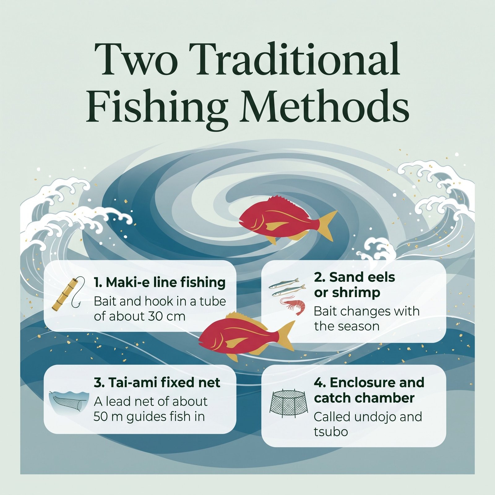 Illustration of two traditional fishing methods used to catch Naruto sea bream