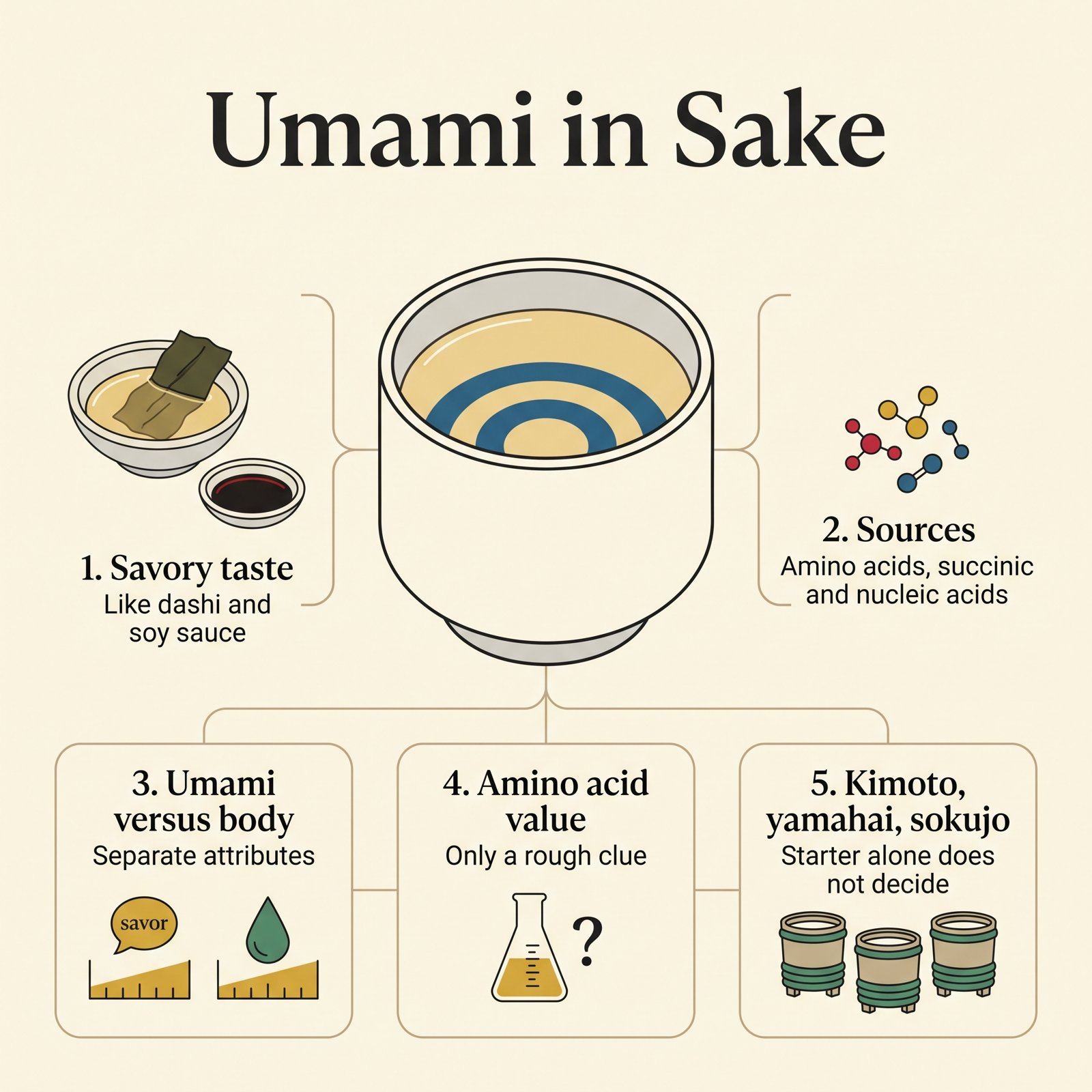 Illustration of umami in sake: savory taste like dashi and soy sauce, its sources, and why umami and body are separate