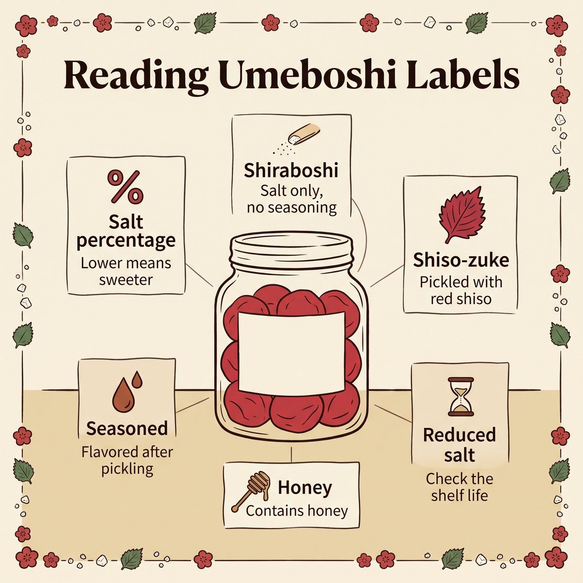Ilustrasi istilah pada label umeboshi: persentase garam, shiraboshi, shiso-zuke, berbumbu, madu, dan garam rendah