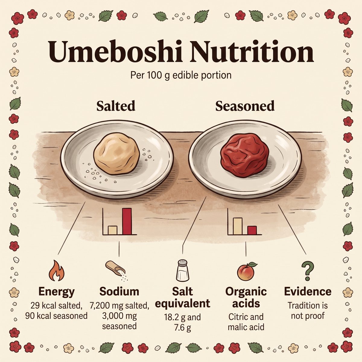 Ilustrasi nutrisi umeboshi per 100 g untuk jenis asin dan berbumbu