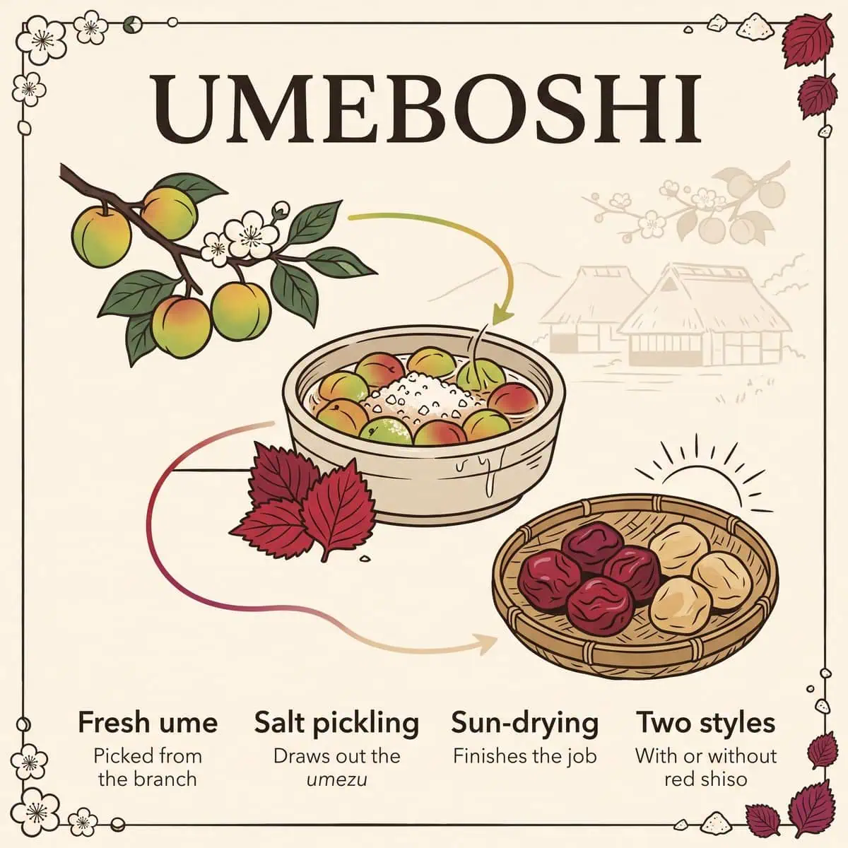 Ilustrasi umeboshi dari buah ume segar di ranting hingga proses pengasinan, umeboshi shiso merah yang dijemur, dan umeboshi putih yang dijemur