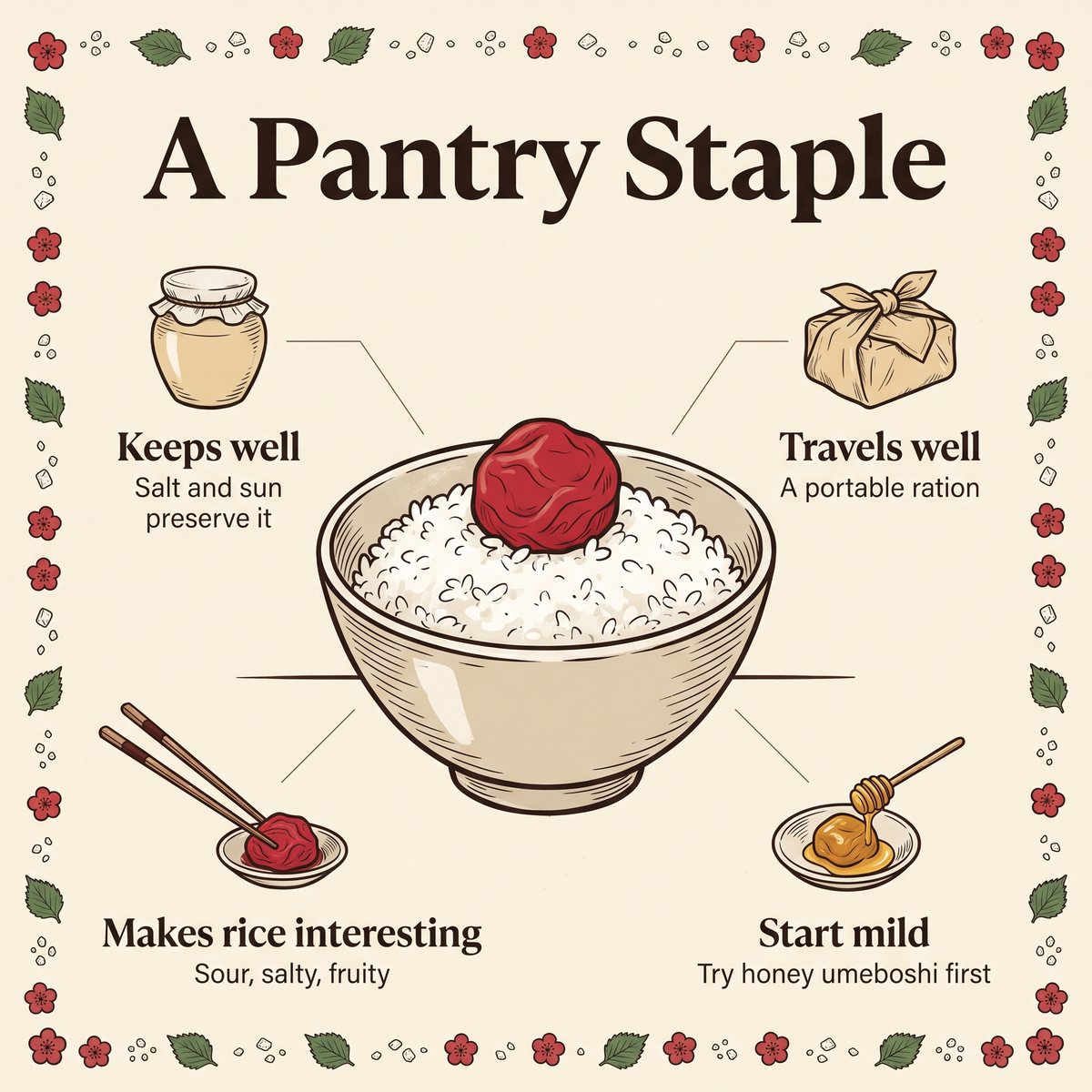 Ilustrasi semangkuk nasi dengan satu umeboshi dan empat alasan mengapa umeboshi tetap menjadi bahan pokok dapur