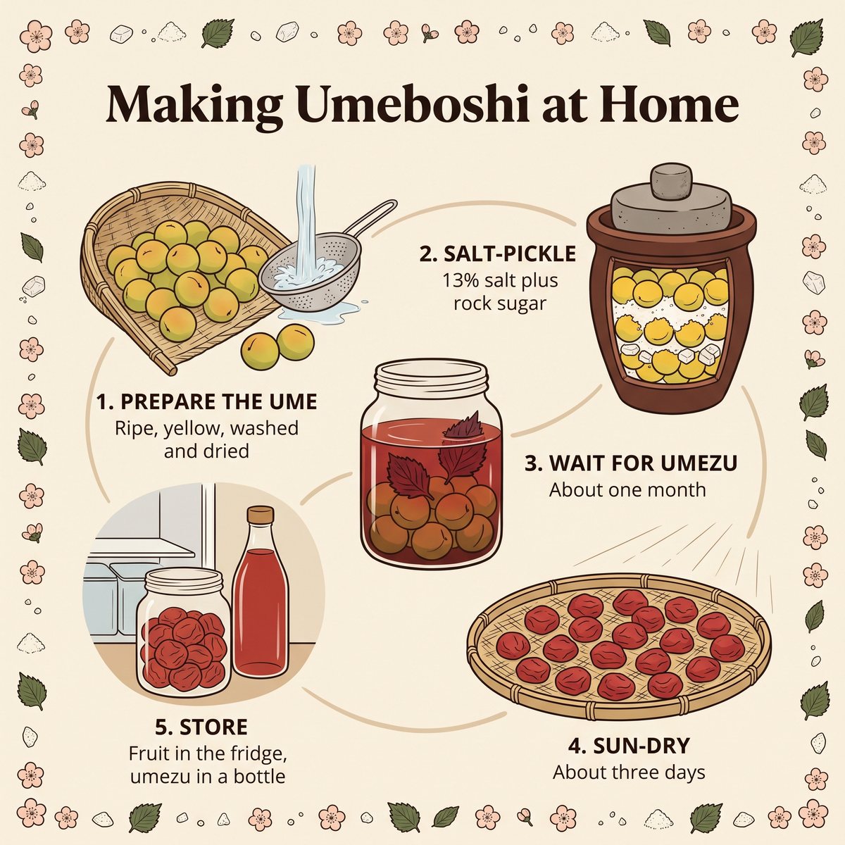 Ilustrasi lima langkah membuat umeboshi di rumah
