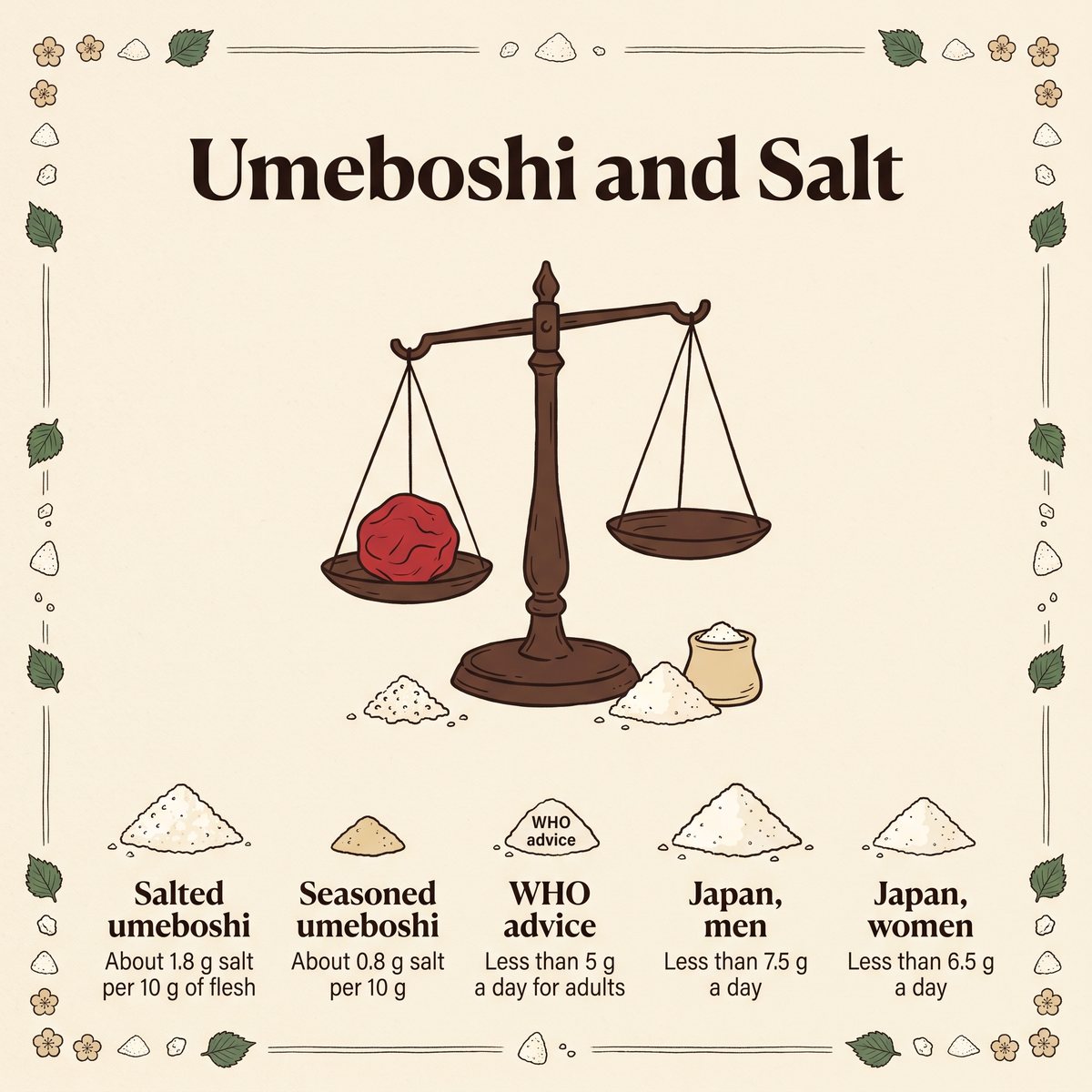 Ilustrasi perbandingan garam pada umeboshi asin dan umeboshi berbumbu dengan panduan garam harian