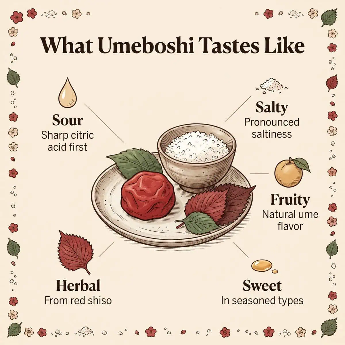 Ilustrasi catatan rasa umeboshi: asam, asin, beraroma buah, manis, dan herbal