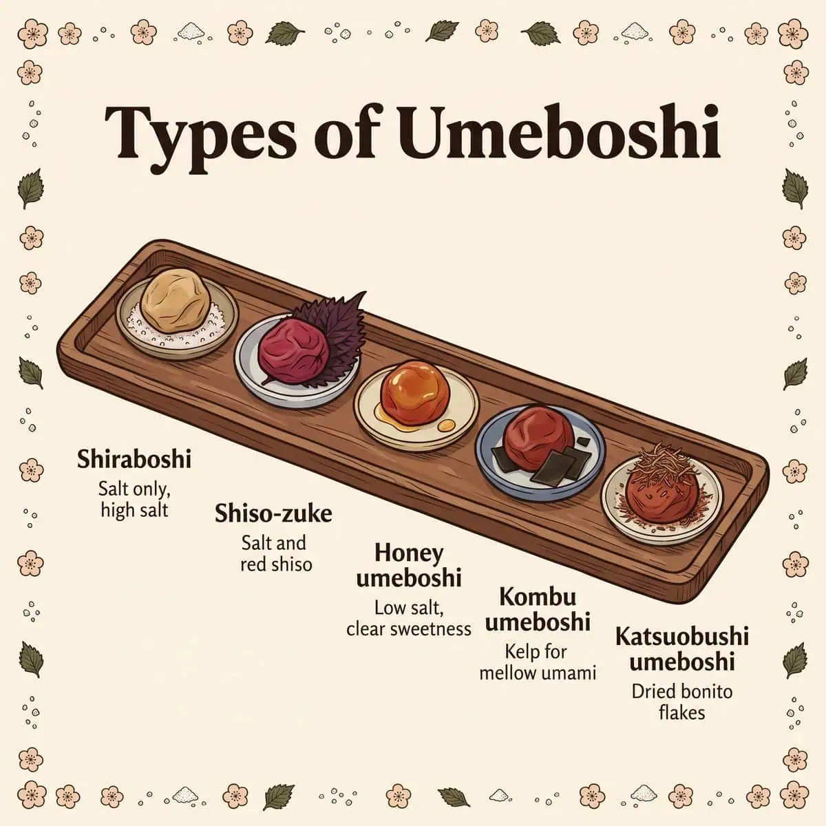 Ilustrasi lima jenis umeboshi: shiraboshi, shiso-zuke, madu, kombu, dan katsuobushi