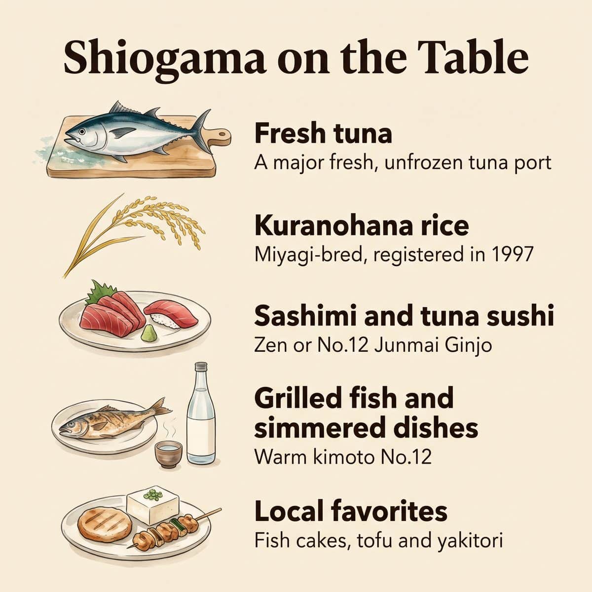 Illustration of Shiogama on the table: fresh tuna, Kuranohana rice and food pairings for Urakasumi