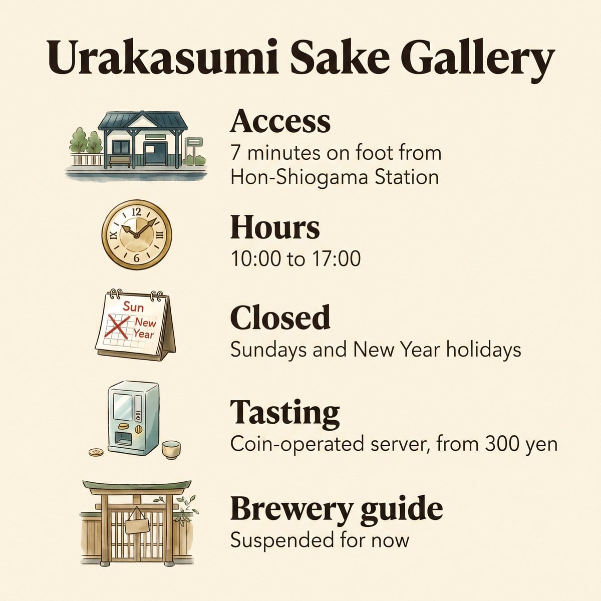 Illustration of visiting the Urakasumi Sake Gallery: access, hours, closing days, tasting and brewery guide status