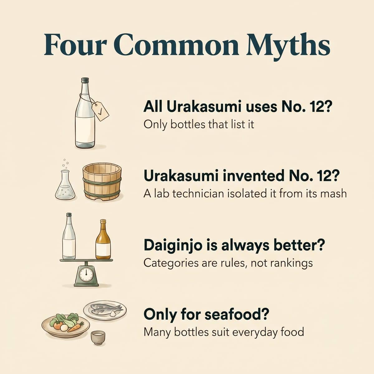 Illustration of four common myths about Urakasumi with short corrections