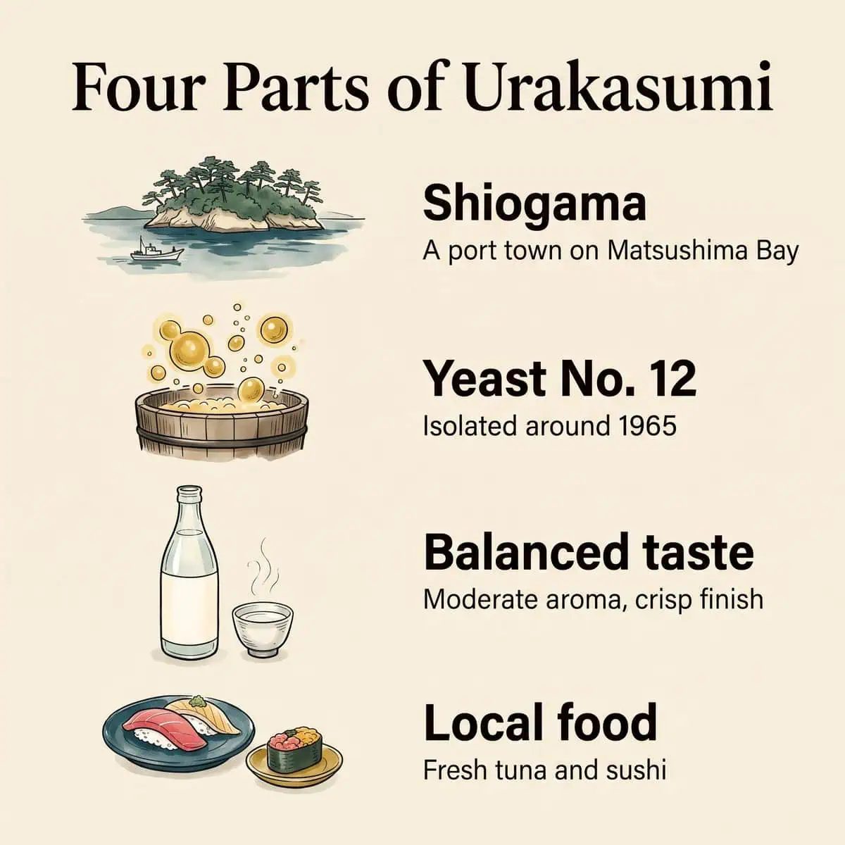 Illustration of the four parts of Urakasumi: Shiogama, Yeast No. 12, balanced taste and local food