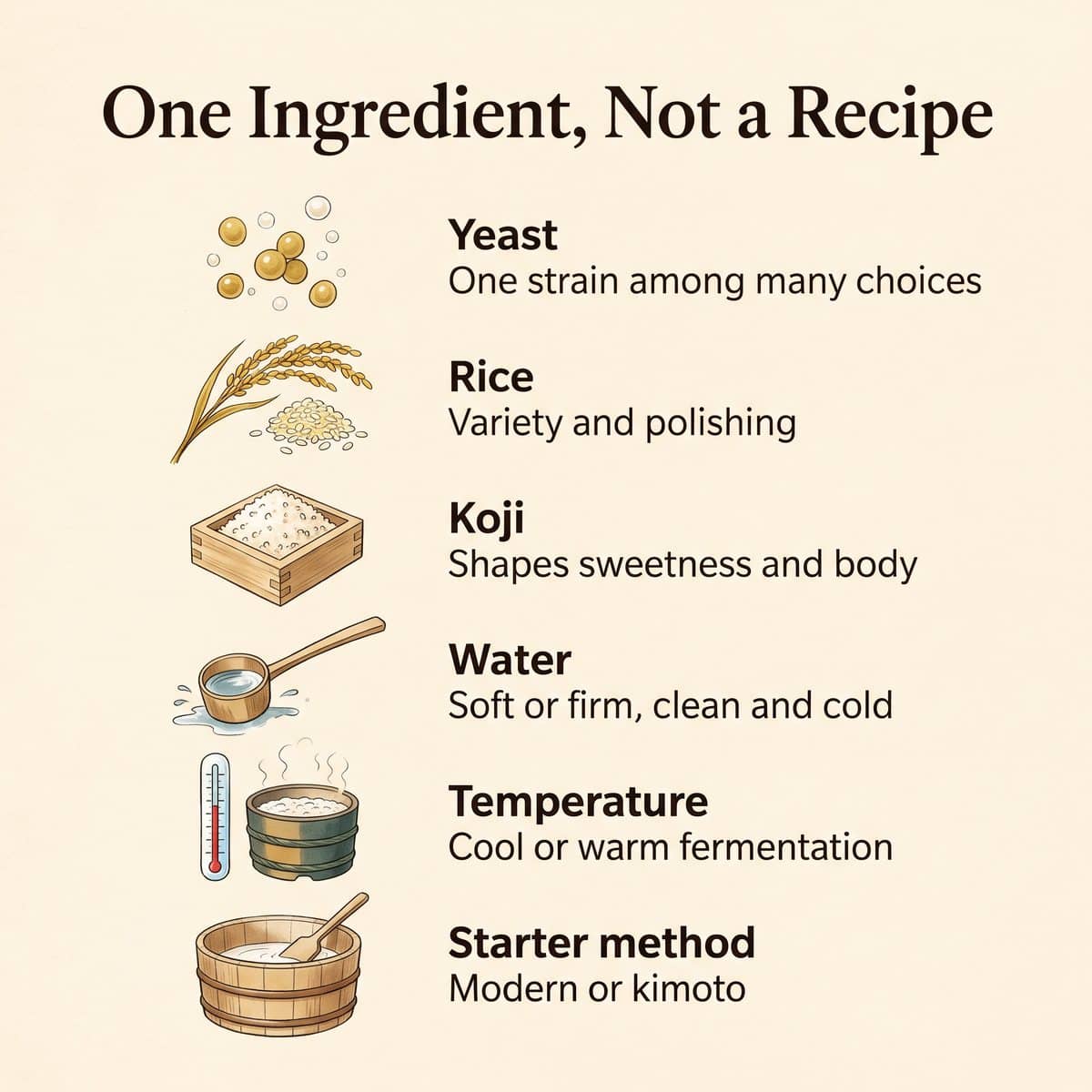 Illustration showing that yeast is one ingredient, not a recipe: yeast, rice, koji, water, temperature and starter method