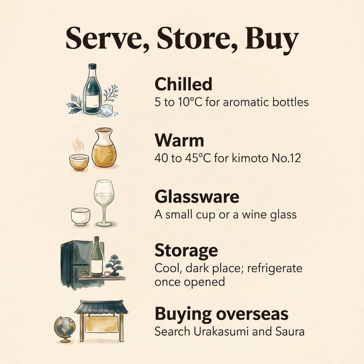 Illustration of how to serve, store and buy Urakasumi: chilled, warm, glassware, storage and buying overseas